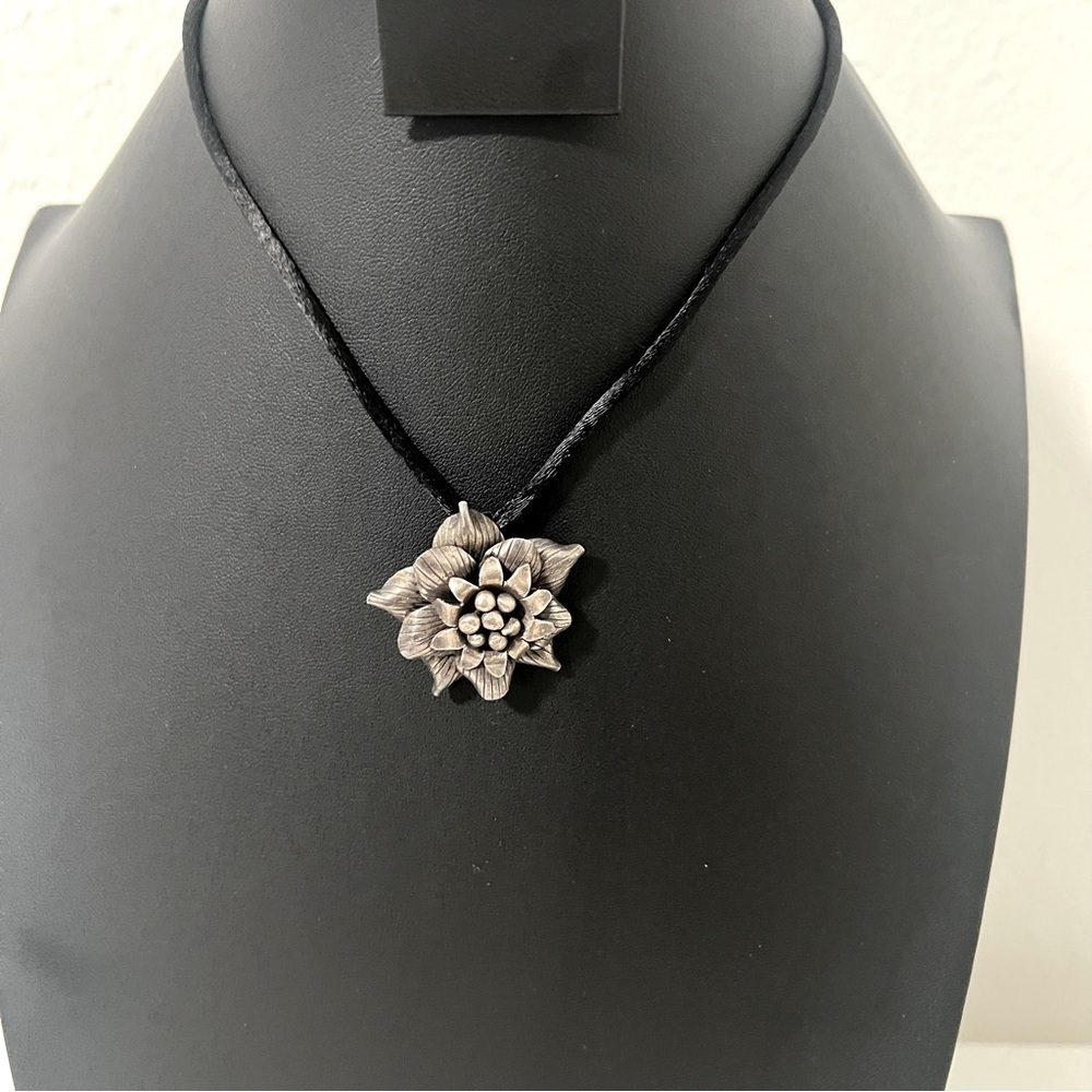 Lotus Flower Oxidized Pendant Choker Necklace Black Cord Bohemian Casual Art